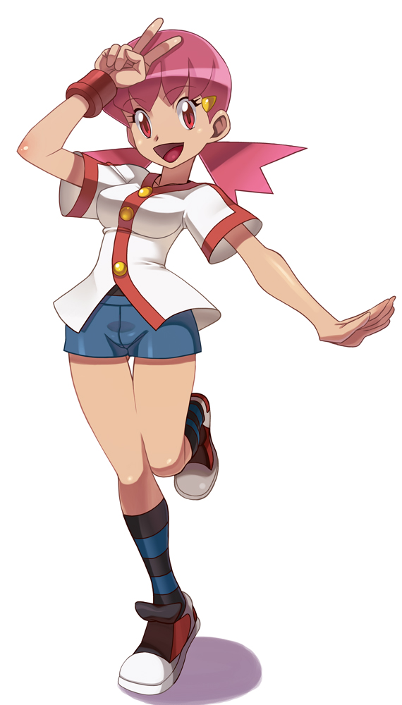 ryuntack, whitney (pokemon), nintendo, pokemon, pokemon hgss, bad id, bad pixiv id, 00s, 1girl, female focus, full body, gym leader, kneehighs, long hair, low twintails, open mouth, pink eyes, pink hair, red eyes, shiny skin, shoes, short shorts, shorts, simple background, smile, sneakers, socks, solo, standing, standing on one leg, striped clothes, striped socks, twintails, v, white background, wide hips