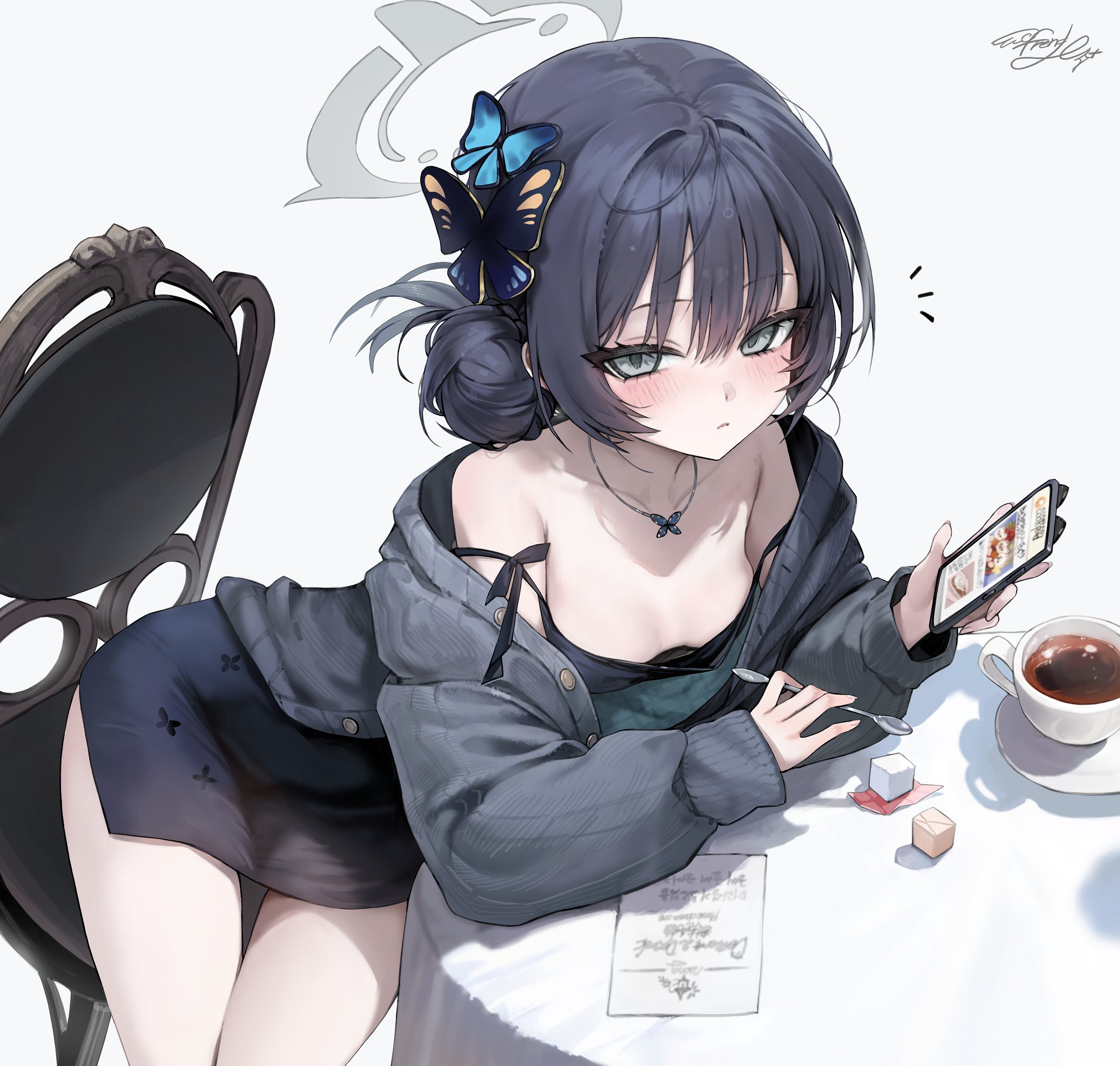 freng, kisaki (blue archive), blue archive, highres, 1girl, alternate costume, alternate hairstyle, black dress, black hair, black jacket, butterfly hair ornament, cellphone, chair, cup, dress, hair ornament, halo, holding, holding phone, holding spoon, jacket, looking at viewer, on chair, open clothes, open jacket, phone, simple background, sitting, smartphone, solo, spoon, sugar cube, white background