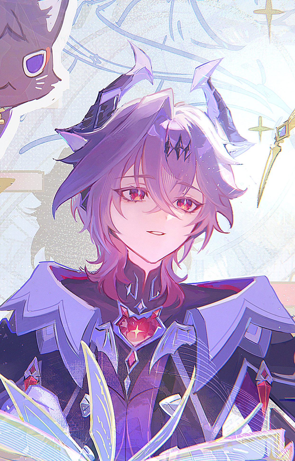 mini durin (genshin impact), mini durin (human) (genshin impact), scaramouche (cat) (genshin impact), scaramouche (genshin impact), genshin impact, hashtag-only commentary, highres, 1boy, book, cat, dragon, dragon boy, dragon horns, gem, horns, looking to the side, muimi575, pages, smile, solo, solo focus, sparkle, teeth, turning page