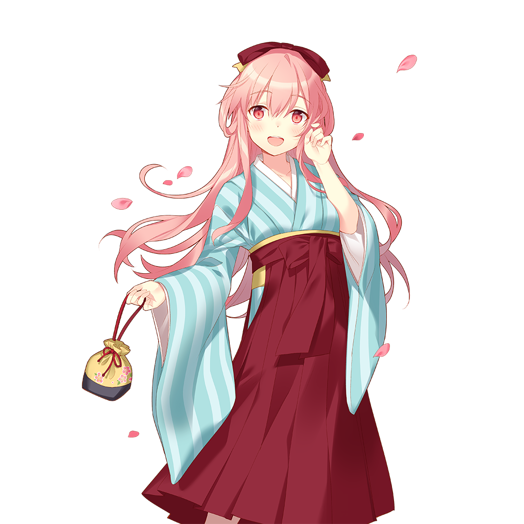 rie (reverie), uchi no hime-sama ga ichiban kawaii, commentary request, 1girl, aqua kimono, bag, bow, breasts, hair bow, hair rings, hakama, hakama skirt, holding, holding bag, holding own hair, japanese clothes, kimono, long hair, medium breasts, open mouth, pink eyes, pink hair, red bow, red hakama, ron cercle, skirt, striped clothes, striped kimono, vertical-striped clothes, vertical-striped kimono, very long hair