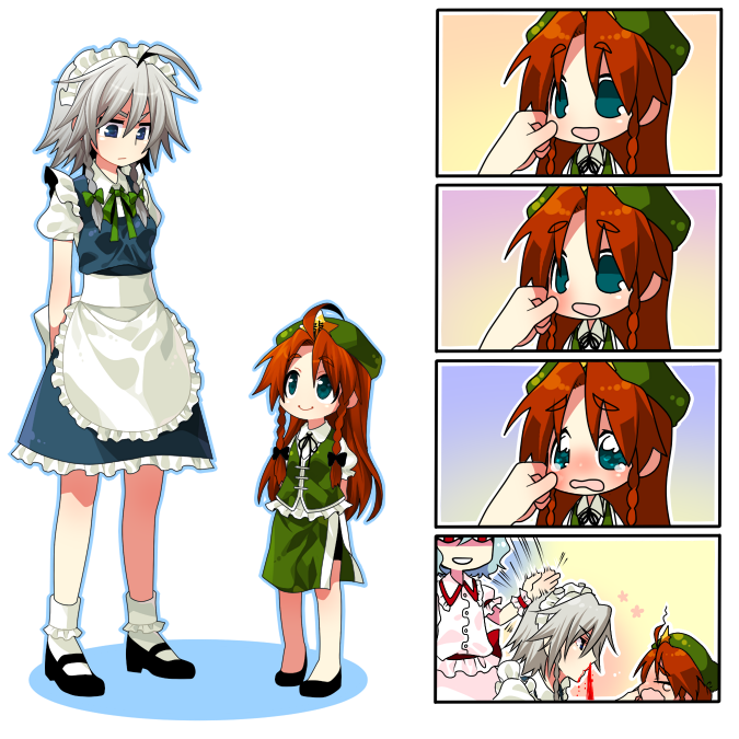 kiri futoshi, hong meiling, izayoi sakuya, remilia scarlet, embodiment of scarlet devil, touhou, <o> <o>, 3girls, 4koma, :d, aged down, ahoge, apron, arms behind back, beret, bike shorts, blood, blouse, blue eyes, blue skirt, bobby socks, bow, cheek pinching, child, china dress, chinese clothes, chop, closed eyes, comic, crying, dress, excessive nosebleed, female focus, frown, gradient background, green eyes, green skirt, grey hair, hat, hitting, maid headdress, mary janes, multiple girls, nosebleed, open mouth, pinching, red eyes, red hair, ribbon, sandals, shirt, shoes, silent comic, simple background, skirt, smile, socks, standing, star (symbol), tears, thick eyebrows, time paradox, waist apron, wavy mouth, white background