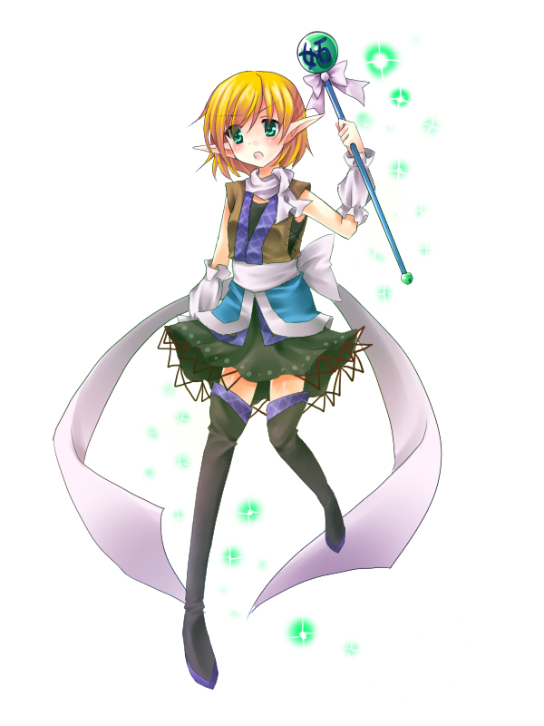 shiitake (artist), mizuhashi parsee, touhou, bad id, bad pixiv id, 1girl, arm warmers, blonde hair, female focus, full body, green eyes, magical girl, mushroom, pointy ears, scarf, shiitake, short hair, sleeveless, solo, thighhighs, wand, white background