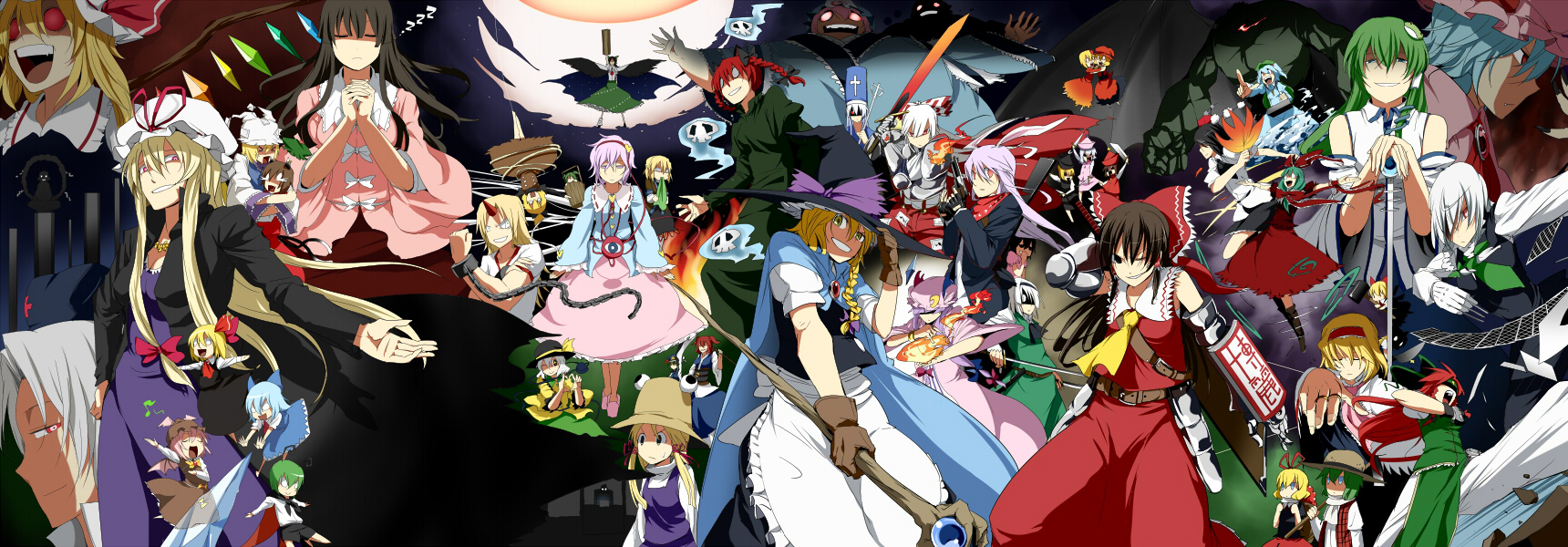 pageratta, aki minoriko, aki shizuha, alice margatroid, chen, cirno, flandre scarlet, fujiwara no mokou, hakurei reimu, hong meiling, hoshiguma yuugi, houraisan kaguya, inaba tewi, izayoi sakuya, kaenbyou rin, kagiyama hina, kamishirasawa keine, kawashiro nitori, kazami yuuka, kirisame marisa, kisume, kochiya sanae, komeiji koishi, komeiji satori, konpaku youmu, kurodani yamame, lunasa prismriver, lyrica prismriver, medicine melancholy, merlin prismriver, mizuhashi parsee, moriya suwako, mystia lorelei, onozuka komachi, patchouli knowledge, reisen udongein inaba, reiuji utsuho, remilia scarlet, rumia, saigyouji yuyuko, shameimaru aya, shiki eiki, wriggle nightbug, yagokoro eirin, yakumo ran, yakumo yukari, yasaka kanako, zun, touhou, silver hair, bad id, bad pixiv id, highres, long image, wide image, > <, 6+girls, adapted costume, animal ears, armor, bat wings, black hair, blonde hair, blue hair, braid, bucket, card, chain, closed eyes, crazy eyes, cuffs, detached sleeves, dress, everyone, faulds, fire, floating card, four-finger heart hands, gauntlets, gloves, green eyes, green hair, grin, gun, hairband, hat, heart, heart hands, horns, in bucket, in container, japanese clothes, jewelry, katana, kicking, knife, long hair, miko, multiple girls, music, musical note, o o, onbashira, one eye closed, pink hair, plaid clothes, plaid vest, puppet rings, puppet strings, purple hair, rabbit ears, red eyes, red hair, ribbon, ring, rope, scythe, shackles, shaded face, short hair, silk, singing, single horn, smile, smirk, spider web, staff, straw hat, sword, team 9 (touhou), throwing knife, two side up, vest, weapon, wings, wink, witch, witch hat