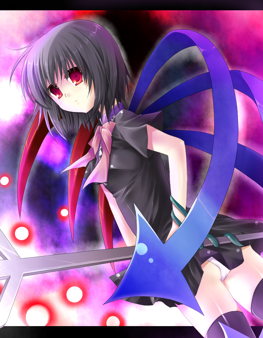 shiitake (artist), houjuu nue, touhou, bad id, bad pixiv id, highres, 1girl, black hair, black thighhighs, dress, female focus, letterboxed, mushroom, polearm, red eyes, shiitake, short hair, snake, solo, spear, thighhighs, trident, weapon, wings