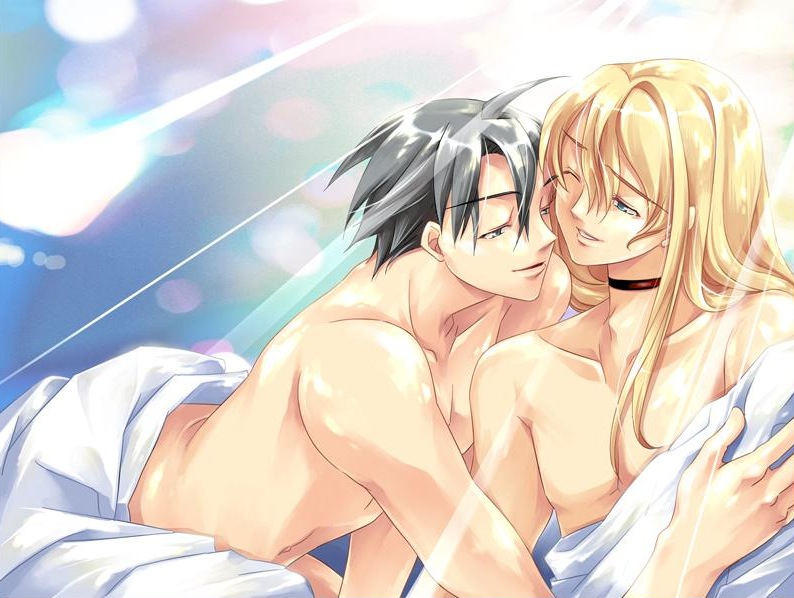 kia welbehenna, louise hardwick, absolute obedience (game), zettai fukuju meirei, 2boys, blonde hair, collar, gradient background, long hair, male focus, multiple boys, nude, one eye closed, wince, wink, yaoi