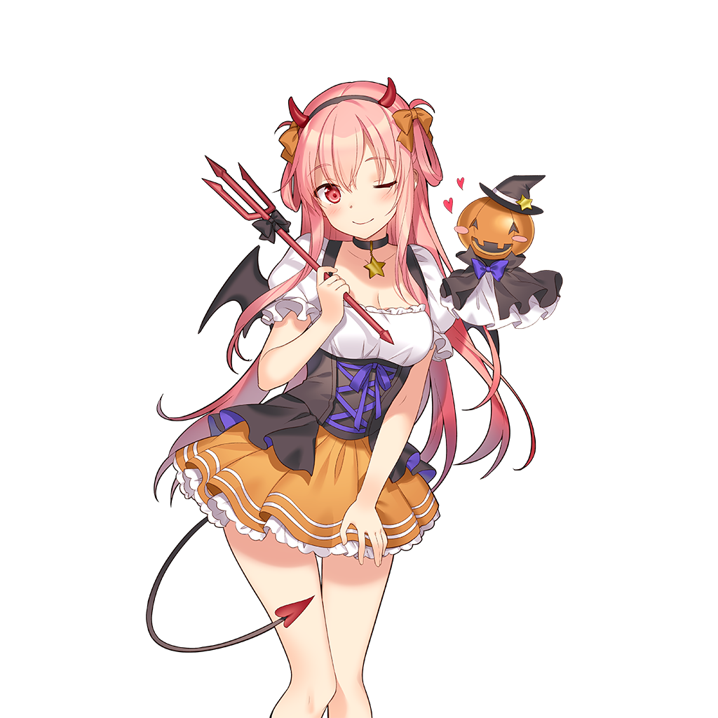 rie (reverie), uchi no hime-sama ga ichiban kawaii, commentary request, 1girl, bare legs, black corset, bow, breasts, brown hairband, cleavage, closed mouth, corset, demon, demon horns, demon tail, demon wings, frilled skirt, frills, hair bow, hair rings, hairband, holding, holding polearm, holding weapon, horns, long hair, medium breasts, one eye closed, orange bow, orange skirt, pink eyes, pink hair, polearm, puffy short sleeves, puffy sleeves, ron cercle, shirt, short sleeves, skirt, tail, very long hair, weapon, white shirt, wings