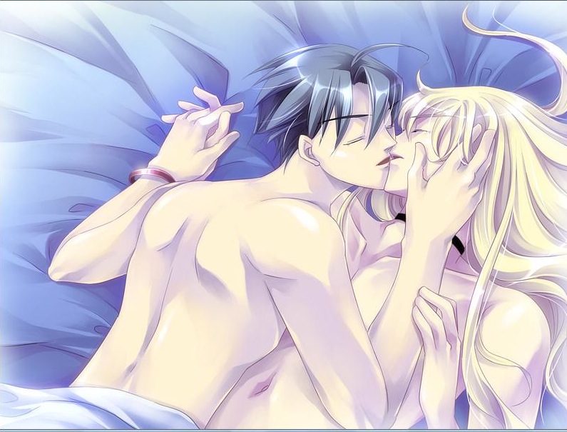 kia welbehenna, louise hardwick, absolute obedience (game), zettai fukuju meirei, 2boys, blonde hair, closed eyes, collar, holding hands, kiss, long hair, male focus, multiple boys, nude, yaoi