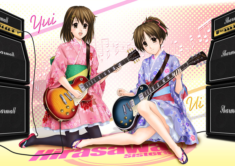 ntake toukasaien, hirasawa ui, hirasawa yui, k-on!, bad id, bad pixiv id, 00s, 2girls, amplifier, brown eyes, brown hair, electric guitar, flip-flops, gibson les paul, guitar, instrument, japanese clothes, kimono, kimono skirt, multiple girls, no socks, pantyhose, sandals, short hair, siblings, sisters, speaker, zouri