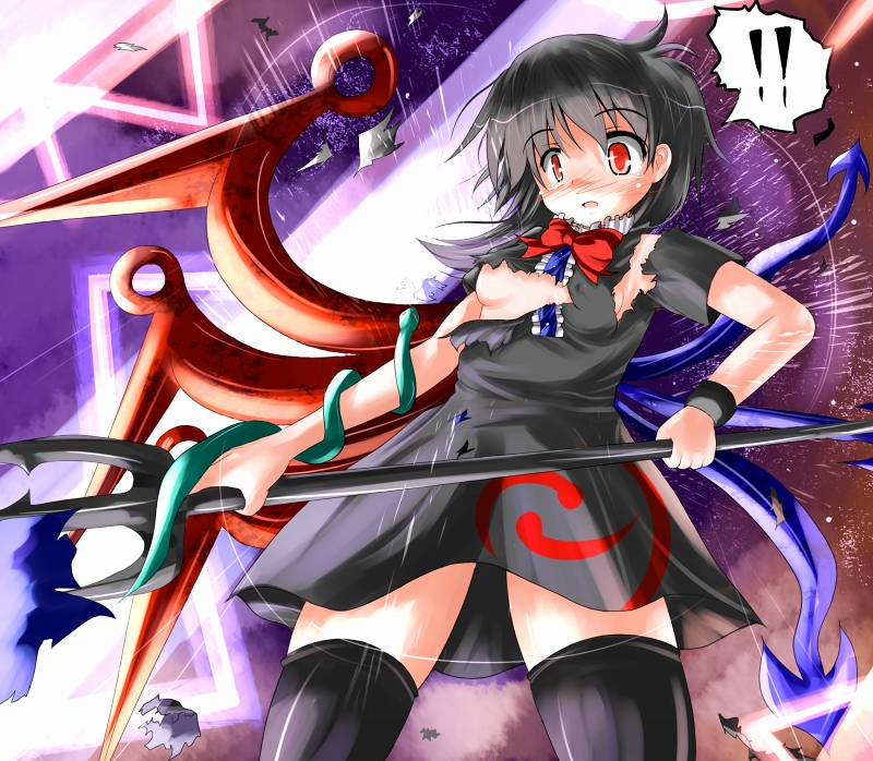 tsuzuri (tuzuri), houjuu nue, touhou, bad id, bad pixiv id, 1girl, black hair, black thighhighs, blush, breasts, dress, female focus, polearm, red eyes, short hair, snake, solo, spear, tears, thighhighs, torn clothes, trident, weapon, wings