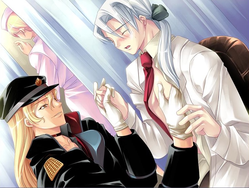 hagen haller, louise hardwick, absolute obedience (game), zettai fukuju meirei, 1girl, 2boys, blonde hair, blush, closed eyes, collar, doctor, gloves, hat, holding hands, hospital, indoors, long hair, medical, multiple boys, necktie, nurse, open clothes, open shirt, ribbon, shirt, smile, sweatdrop, yaoi