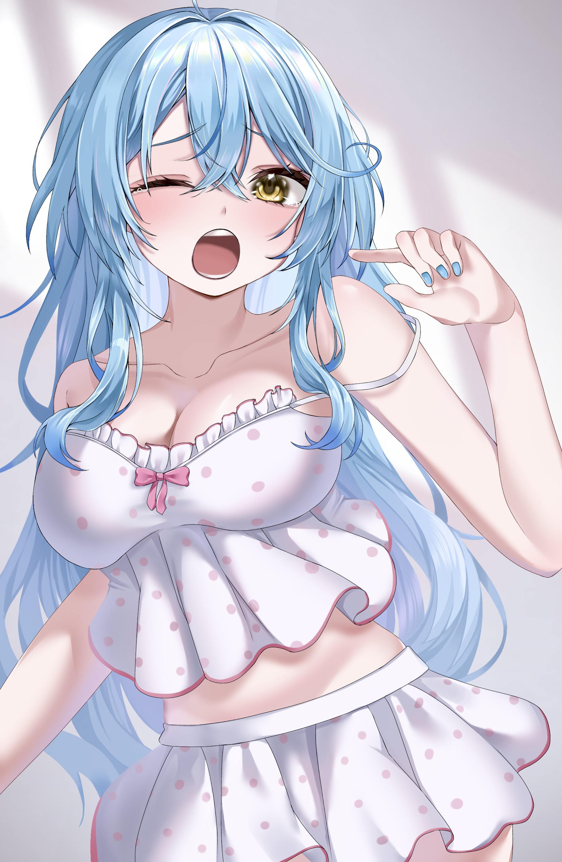 yukihana lamy, yukihana lamy (roomwear), hololive, absurdres, commentary request, highres, 1girl, ahoge, bare shoulders, blue hair, blush, breasts, camisole, cleavage, collarbone, colored tips, elf, hair between eyes, hair ornament, large breasts, long hair, looking at viewer, morning, multicolored hair, navel, official alternate costume, official alternate hairstyle, open mouth, pointy ears, polka dot, polka dot camisole, polka dot skirt, saa chi5, skirt, sleepwear, smile, solo, stomach, teeth, virtual youtuber, waking up, white background, white camisole, white skirt, yawning, yellow eyes