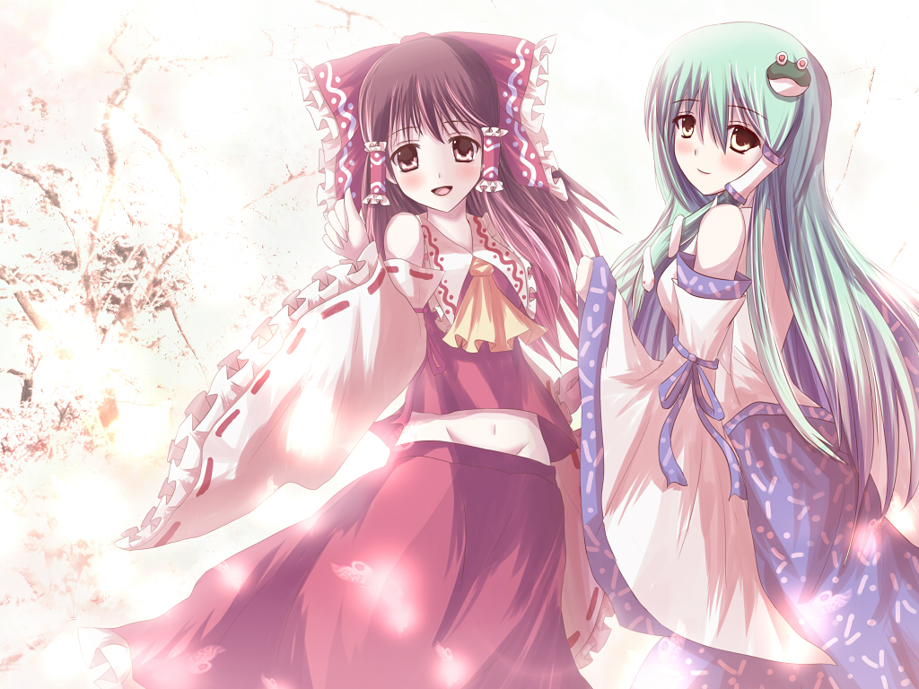 non (nobu), hakurei reimu, kochiya sanae, touhou, 2girls, detached sleeves, female focus, groin, japanese clothes, midriff, miko, multiple girls, navel, skirt