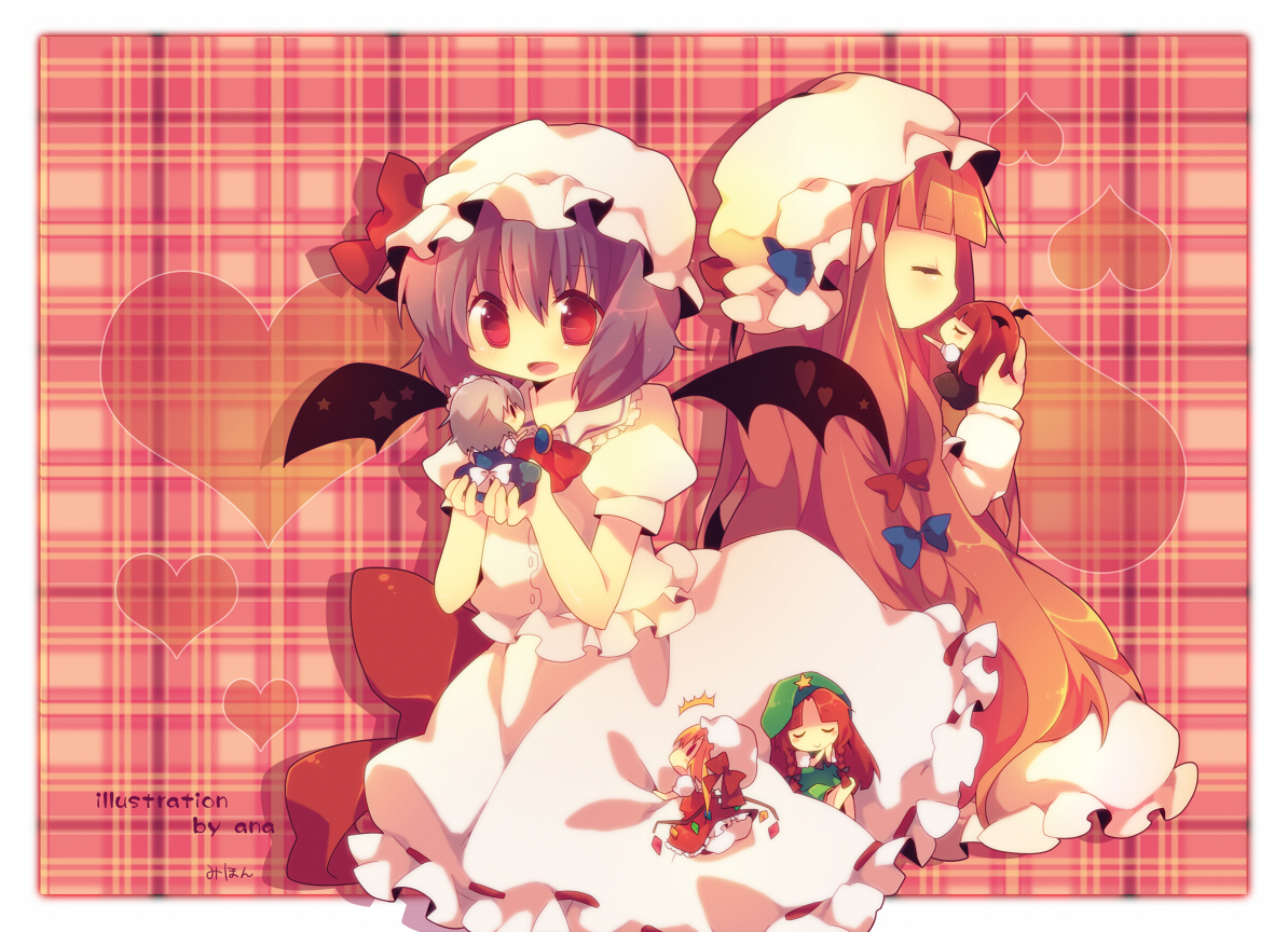 ana (rznuscrf), flandre scarlet, hong meiling, izayoi sakuya, koakuma, patchouli knowledge, remilia scarlet, embodiment of scarlet devil, touhou, bad id, bad pixiv id, 6+girls, ^^^, bat wings, chibi, closed eyes, female focus, frills, hat, head wings, heart, kiss, mini person, minigirl, multiple girls, open mouth, red eyes, sleeping, wings, yuri