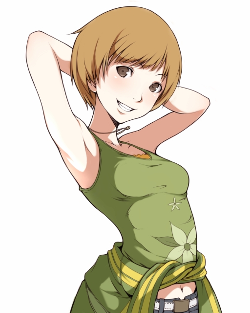 ina (gokihoihoi), satonaka chie, atlus, persona, persona 4, 1girl, armpits, arms behind head, arms up, belt, blush, brown eyes, brown hair, female focus, grin, head tilt, looking at viewer, navel, shirt, short hair, simple background, sleeveless, smile, solo, tank top, teeth, tied shirt, upper body, white background