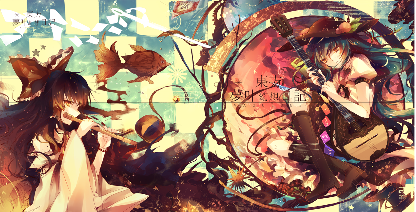 kirero, hakurei reimu, hinanawi tenshi, touhou, 2girls, blue hair, bow, brown hair, detached sleeves, flute, food, food as clothes, fruit, guitar, hat, instrument, long hair, multiple girls, peach, red eyes, ribbon