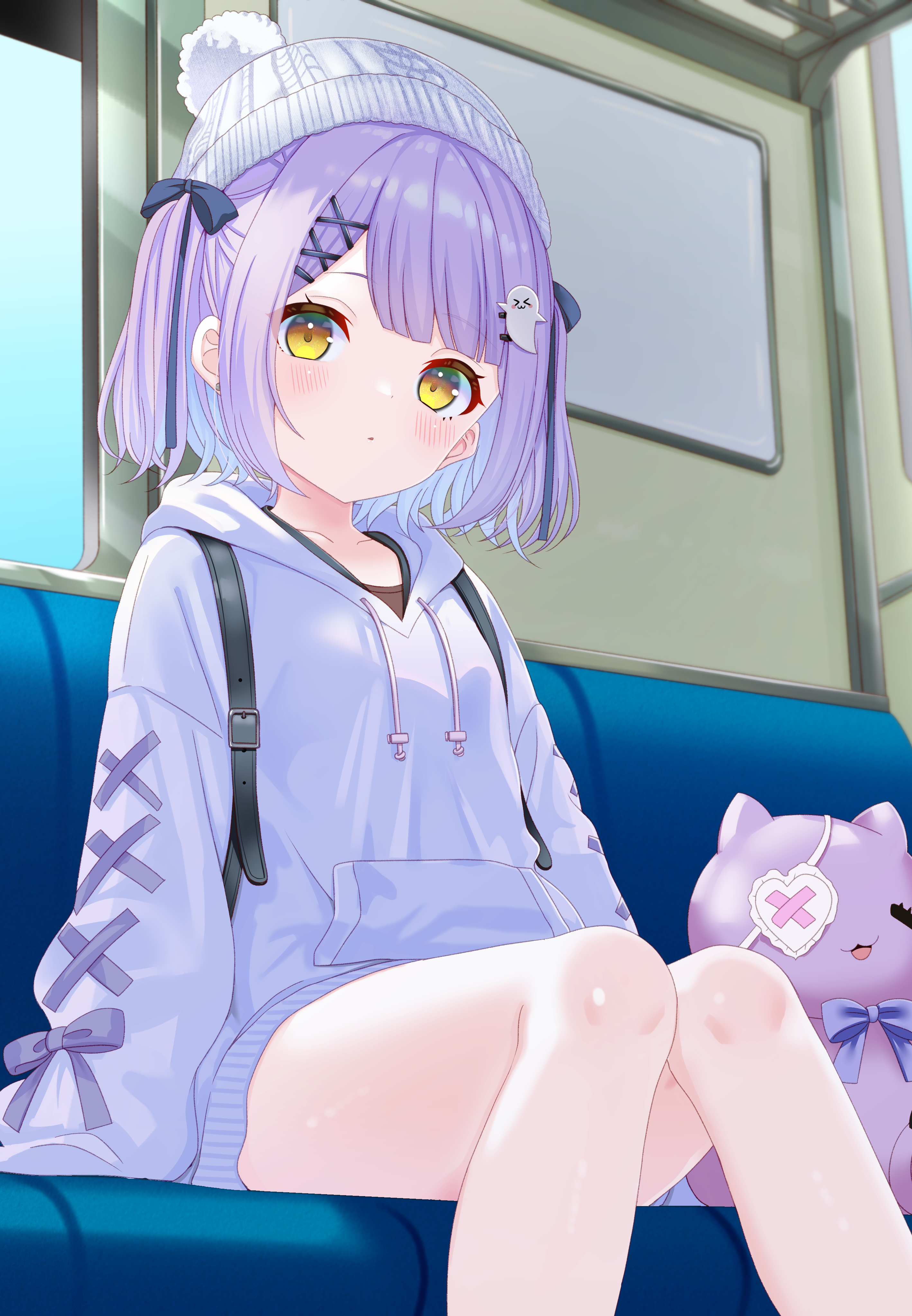 toketa-sekai, shinomiya runa, vspo!, absurdres, commentary request, highres, 1girl, beanie, black ribbon, blunt bangs, blush, bow, closed mouth, drawstring, feet out of frame, ghost hair ornament, hair ornament, hair ribbon, hat, hood, hood down, hoodie, long sleeves, looking at viewer, purple bow, purple hair, purple hoodie, ribbon, short hair, sidelocks, sitting, sleeve bow, solo, stuffed animal, stuffed cat, stuffed toy, train interior, two side up, virtual youtuber, white hat, x hair ornament, yellow eyes