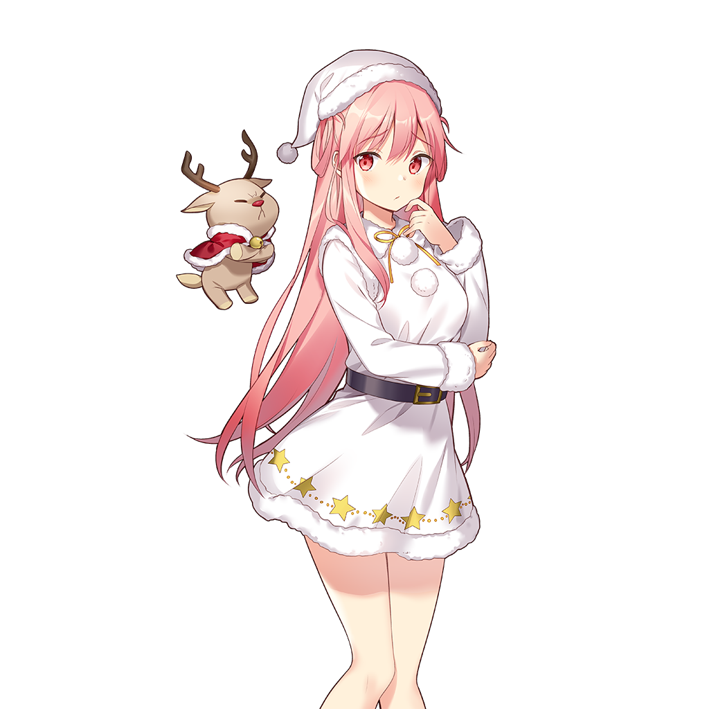 rie (reverie), uchi no hime-sama ga ichiban kawaii, commentary request, 1girl, bare legs, belt, black belt, breasts, deer, dress, hair rings, hat, long hair, medium breasts, pink eyes, pink hair, ron cercle, santa costume, santa dress, santa hat, sidelocks, very long hair, white dress, white hat