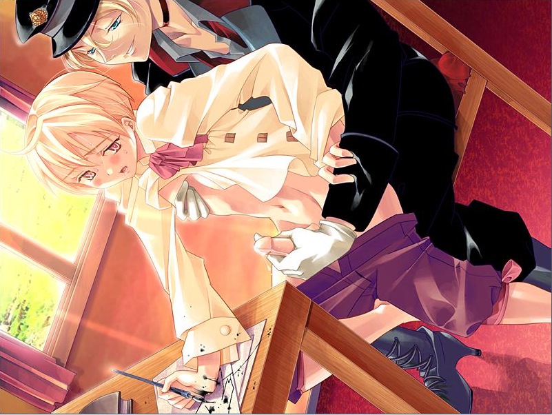 anel metzelder, louise hardwick, absolute obedience (game), zettai fukuju meirei, 2boys, blonde hair, blush, bottomless, collar, cum, gloves, handjob, hat, male focus, multiple boys, penis, ribbon, shota, smirk, sweatdrop, white gloves, yaoi