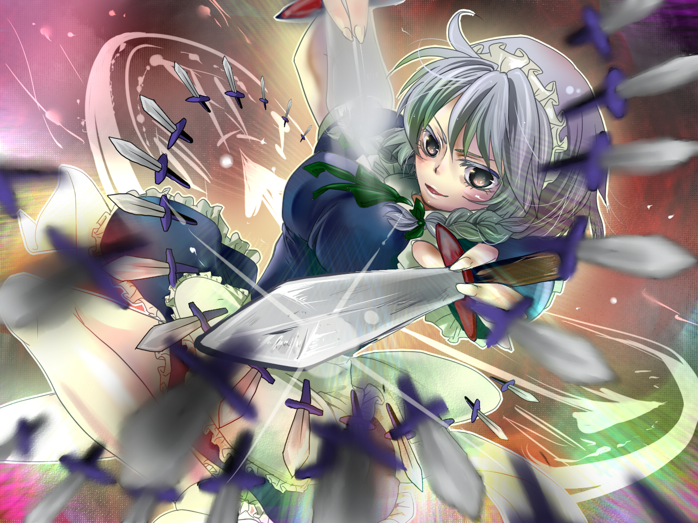 tsubaki haru, izayoi sakuya, touhou, silver hair, 1girl, braid, breasts, female focus, gradient background, knife, maid, short hair, solo, throwing knife, twin braids, weapon