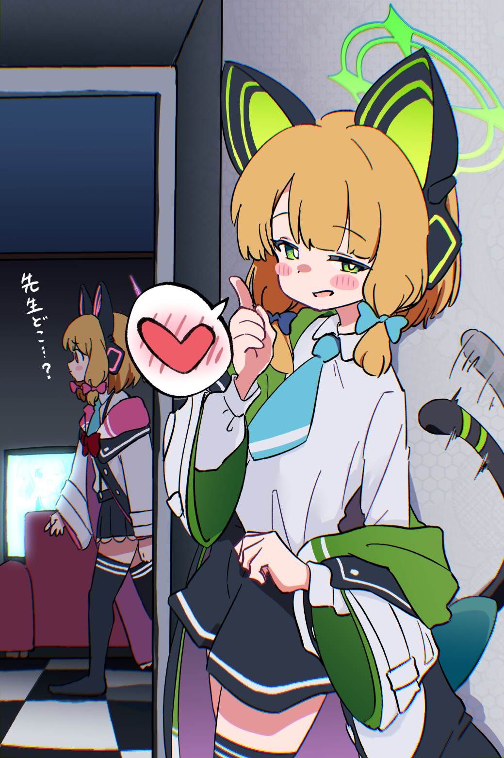 h14 drawing, arona (blue archive), midori (blue archive), momoi (blue archive), blue archive, commentary request, highres, translation request, 2girls, afterimage, animal ear headphones, animal ears, black shorts, black skirt, black tail, black thighhighs, blonde hair, blue bow, blue necktie, blush stickers, bow, bright pupils, cat ear headphones, cat ears, cat tail, checkered floor, chromatic aberration, collared shirt, couch, fake animal ears, fake tail, green eyes, green halo, green jacket, hair bow, halo, hand up, headphones, heart, hood, hooded jacket, index finger raised, jacket, jacket partially removed, layered sleeves, long sleeves, looking at viewer, low-tied sidelocks, motion lines, multicolored jacket, multiple girls, necktie, no shoes, open clothes, open jacket, open mouth, pink bow, pink eyes, pink halo, pink jacket, profile, shirt, short hair, shorts, siblings, sidelocks, sisters, skirt, smile, smirk, speech bubble, spoken blush, spoken heart, standing, suspender skirt, suspenders, tail, tail bow, tail ornament, tail raised, tail wagging, television, thighhighs, twins, uneven eyes, walking, white jacket, white pupils, white shirt, wide sleeves