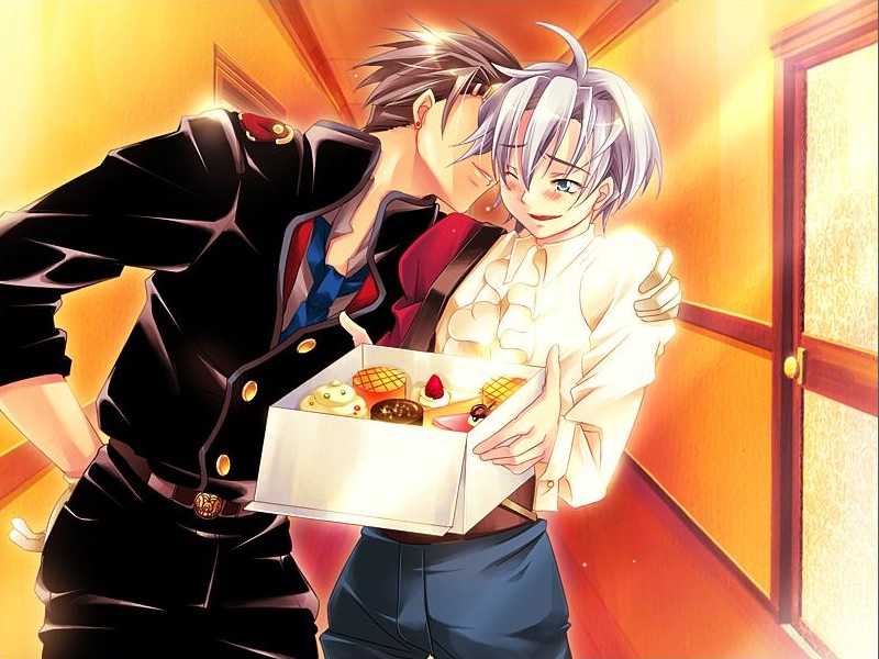 kia welbehenna, timo wilkes, absolute obedience (game), zettai fukuju meirei, 2boys, blush, cake, child, food, gloves, goggles, kiss, male focus, multiple boys, smile, yaoi