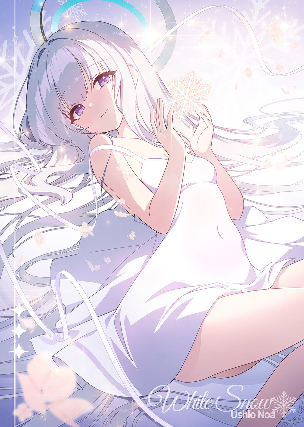 apple caramel, noa (blue archive), blue archive, commentary, highres, 1girl, bed, blush, closed mouth, dress, flower, halo, long hair, looking at viewer, lying, mechanical halo, on bed, purple eyes, ribbon, sleeveless, sleeveless dress, smile, snow, snowflakes, solo, thighs, very long hair, white dress, white hair, white halo