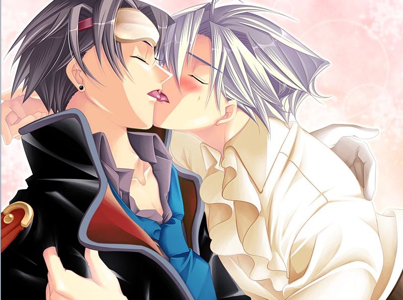kia welbehenna, timo wilkes, absolute obedience (game), zettai fukuju meirei, 2boys, blush, closed eyes, goggles, kiss, male focus, multiple boys, necktie, piercing, yaoi