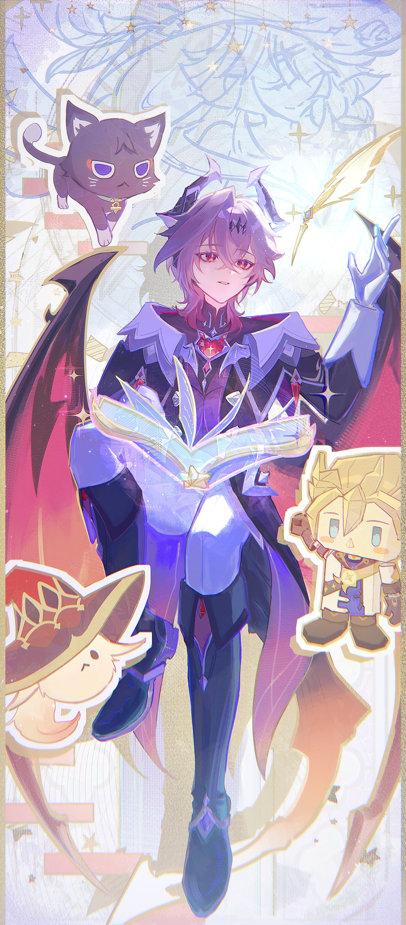 albedo (genshin impact), alice (genshin impact), mini durin (genshin impact), mini durin (human) (genshin impact), scaramouche (genshin impact), genshin impact, absurdres, commentary request, highres, book, boots, dragon, dragon boy, dragon horns, dragon wings, horns, looking to the side, muimi575, pants, sparkle, teeth, turning page, white pants, wings