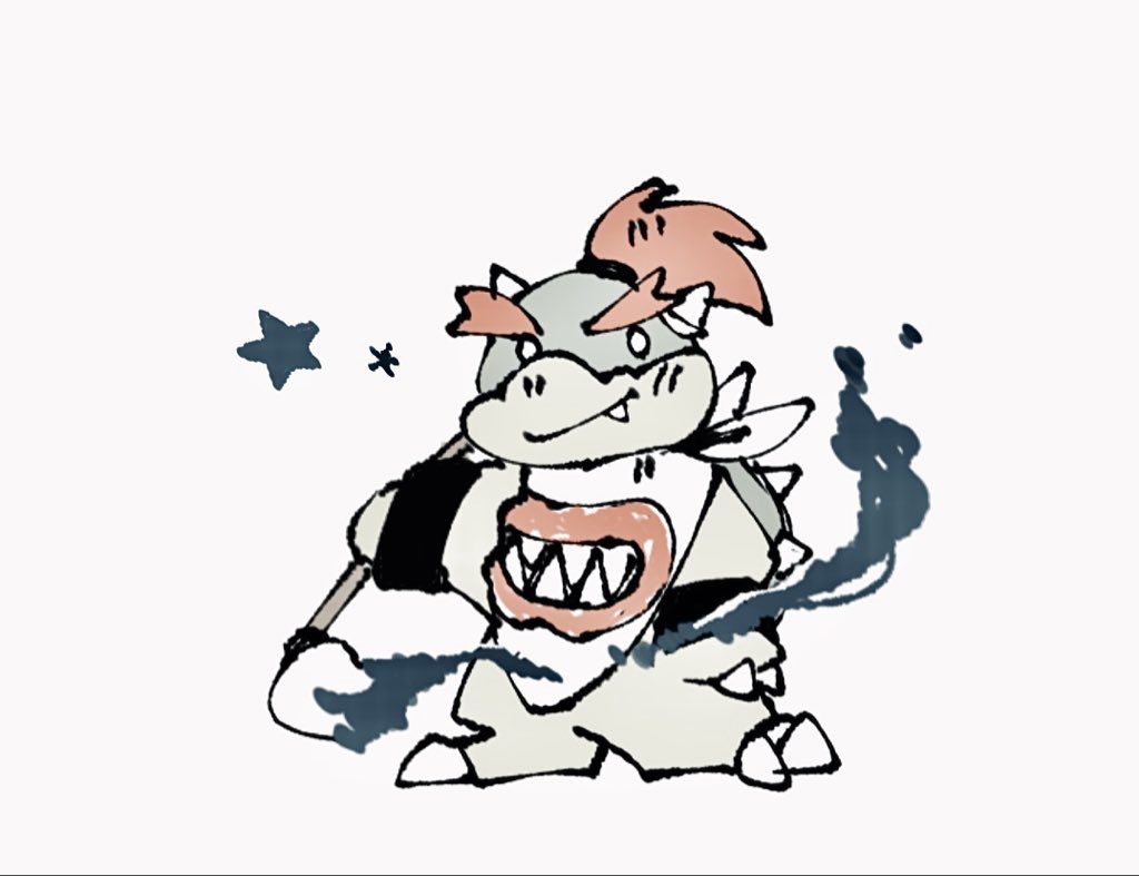 zugvogel 0525, bowser jr., mario (series), nintendo, 1boy, closed mouth, fang, full body, holding, horns, male focus, neckerchief, orange hair, ponytail, simple background, sketch, smile, star (symbol), turtle shell, white background, white neckerchief