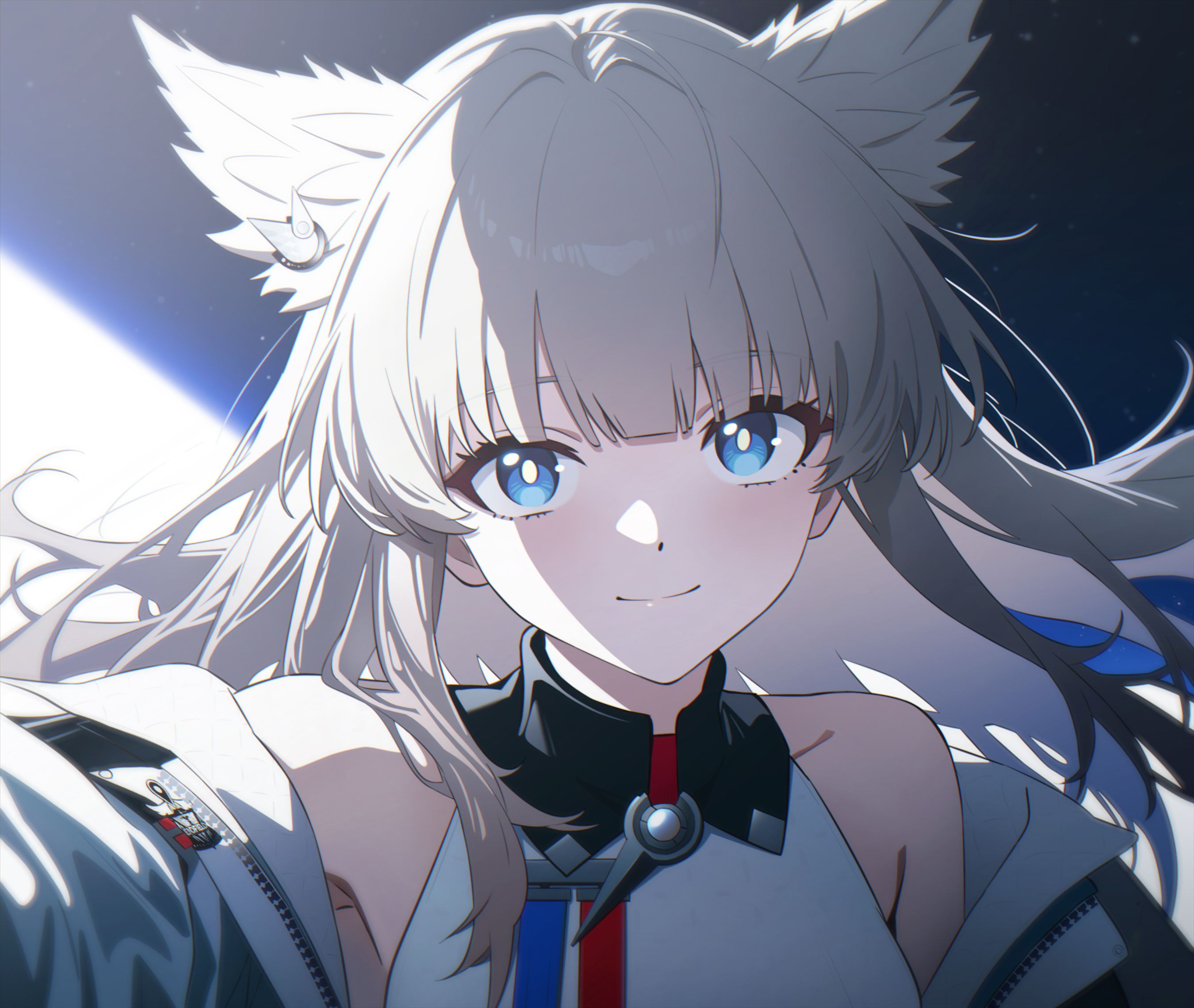 starelium, perlica (arknights), arknights, arknights: endfield, highres, 1girl, bare shoulders, black background, blue eyes, grey hair, jacket, long hair, looking at viewer, solo, two-tone background, white background, white jacket