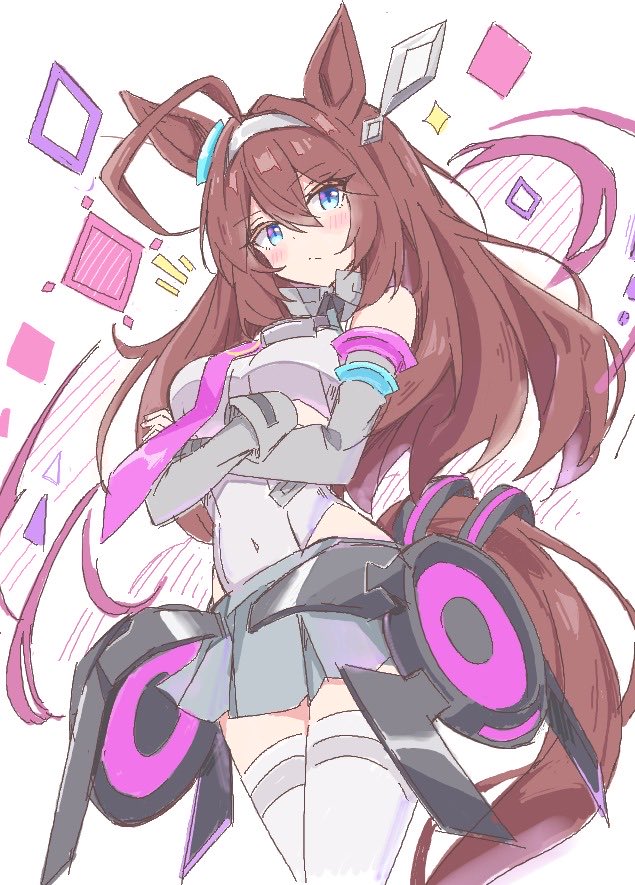 akure1129, mihono bourbon (mb-19890425) (umamusume), mihono bourbon (umamusume), umamusume, commentary request, 1girl, ahoge, animal ears, blue eyes, blush, breasts, brown eyes, brown hair, crossed arms, grey leotard, grey skirt, hair between eyes, horse ears, horse girl, horse tail, leotard, long hair, looking at viewer, medium breasts, necktie, purple necktie, simple background, skirt, solo, tail, thighhighs, white background, white thighhighs, zettai ryouiki