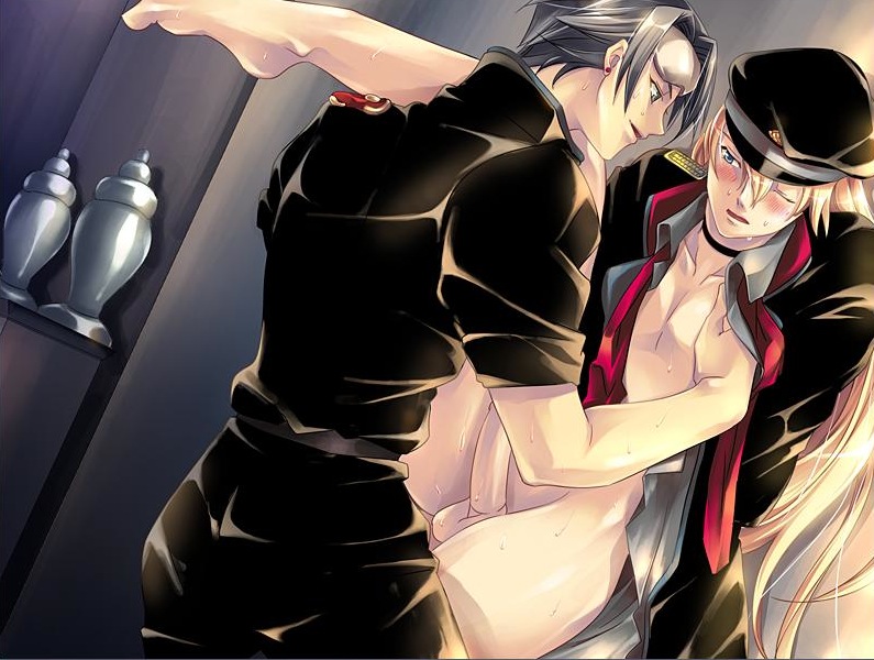 kia welbehenna, louise hardwick, absolute obedience (game), zettai fukuju meirei, artist request, source request, 2boys, barefoot, bdsm, blonde hair, blush, bondage, bottomless, bound, collar, feet, goggles, hat, indoors, long hair, male focus, multiple boys, necktie, one eye closed, open clothes, open shirt, penis, shirt, spread legs, sweat, wince, wink, yaoi