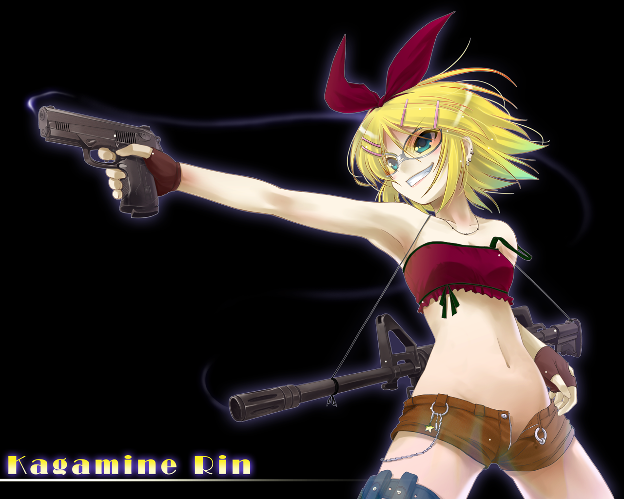 porurin (do-desho), kagamine rin, vocaloid, 1girl, aqua eyes, armpits, assault rifle, bandeau, bespectacled, blonde hair, bow, character name, earrings, female focus, finger on trigger, fingerless gloves, glasses, gloves, grin, gun, hair bow, hair ornament, hairclip, handgun, holding, holding gun, holding weapon, jewelry, m4 carbine, midriff, rifle, safety glasses, semi-automatic pistol, short hair, shorts, smile, smoke, smoking barrel, solo, strapless, thigh strap, tinted eyewear, tube top, unzipped, weapon, yellow-tinted eyewear