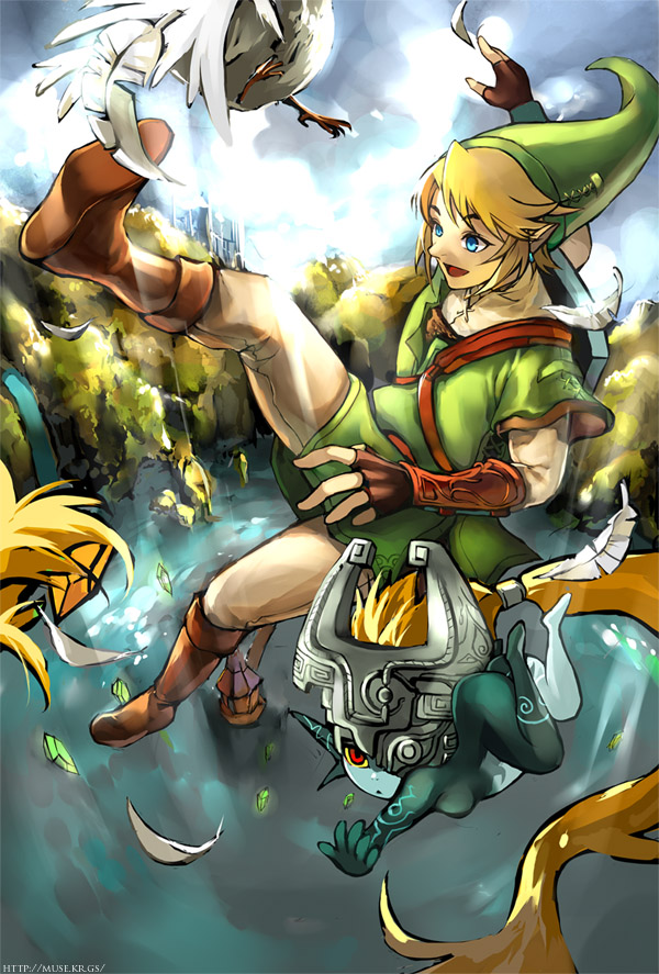 muse (rainforest), link, midna, nintendo, the legend of zelda, the legend of zelda: twilight princess, 1boy, 1girl, bird, blonde hair, blue eyes, chicken, gloves, helmet, red eyes, shield, shield on back, smile, teleportation