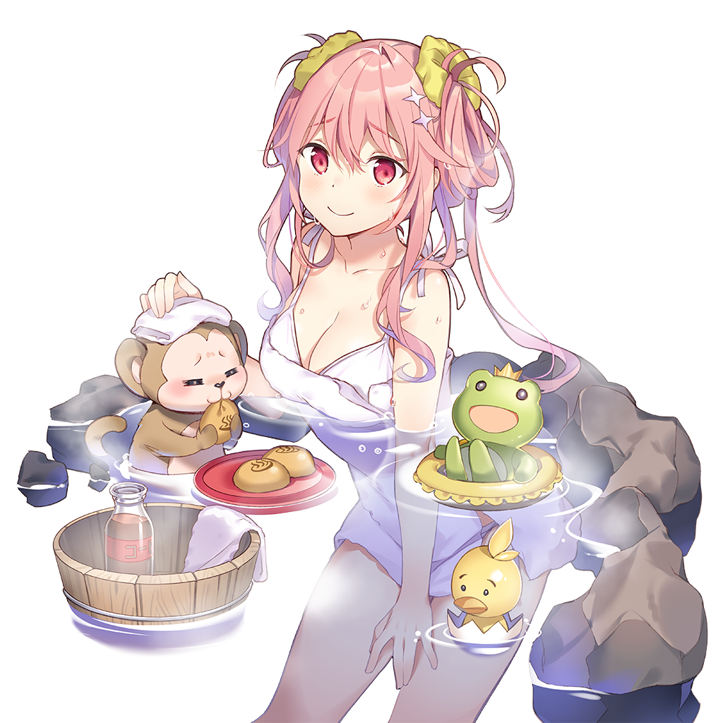 rie (reverie), kaeru ouji, uchi no hime-sama ga ichiban kawaii, commentary request, 1girl, bathing, bra, breasts, character doll, coffee milk, doll, hair rings, long hair, medium breasts, monkey, onsen, pink eyes, pink hair, piyokichi (uchihime), rock, ron cercle, towel, underwear, very long hair, washbowl, white bra