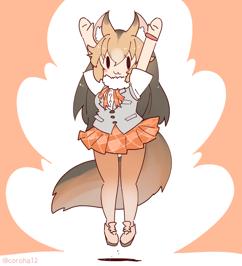 coroha, culpeo (kemono friends), kemono friends, kemono friends 3, commentary request, 1girl, animal ears, arms up, brown background, brown hair, cardigan, extra ears, full body, jumping, long hair, looking at viewer, neck ribbon, pantyhose, ribbon, scarf, shirt, shoes, simple background, skirt, solo, tail, wristband