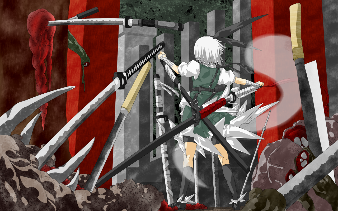 tomuman, konpaku youmu, konpaku youmu (ghost), touhou, silver hair, 1girl, female focus, hairband, hitodama, katana, monster, ribbon, short hair, solo, sword, weapon