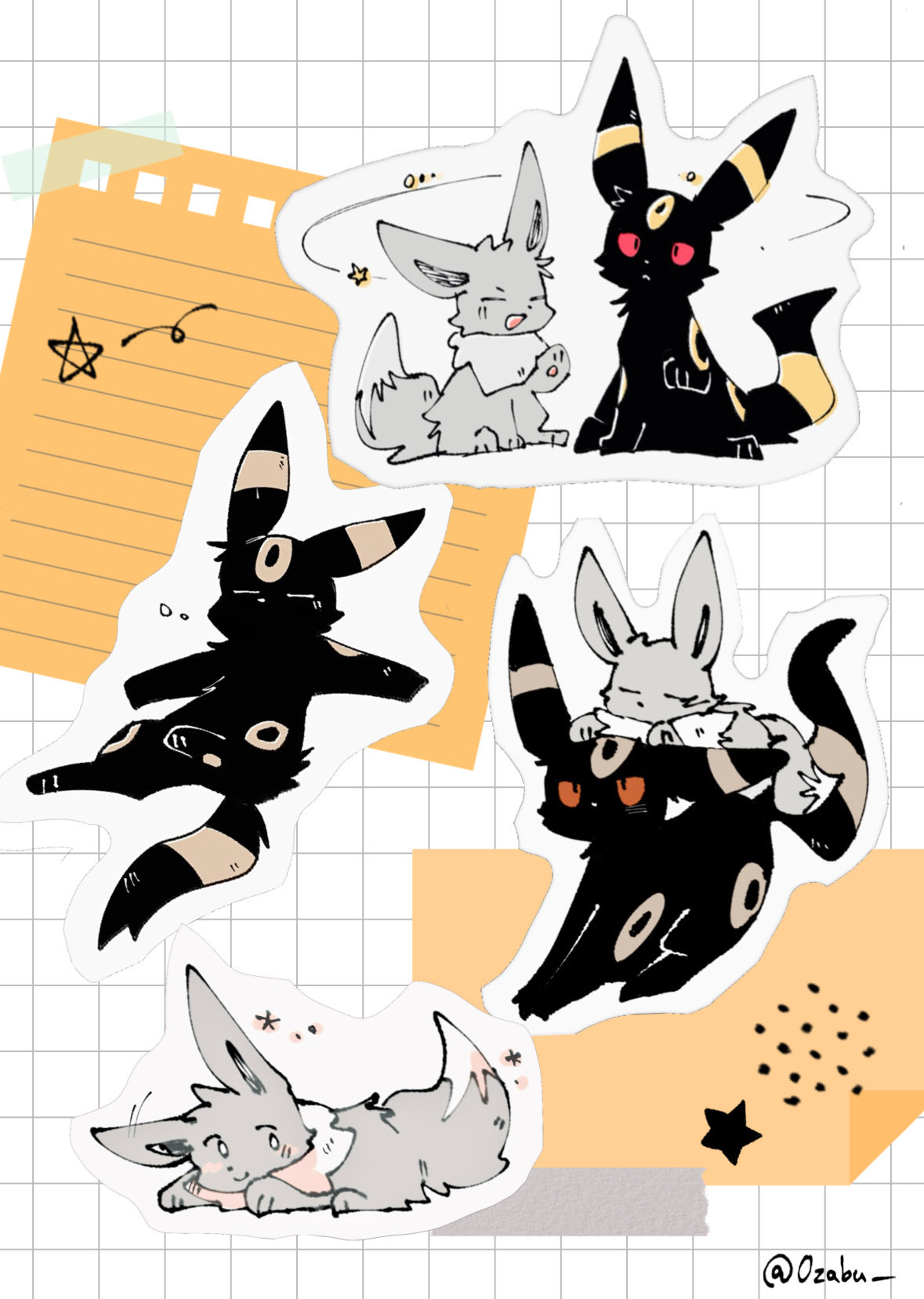 zugvogel 0525, eevee, umbreon, nintendo, pokemon, highres, abstract background, alternate color, animal focus, black fur, closed eyes, closed mouth, colored sclera, gen 1 pokemon, gen 2 pokemon, grey fur, lying, multiple views, no humans, on back, on stomach, open mouth, pokemon (creature), pokemon focus, red sclera, shiny pokemon, sketch, sleeping, smile