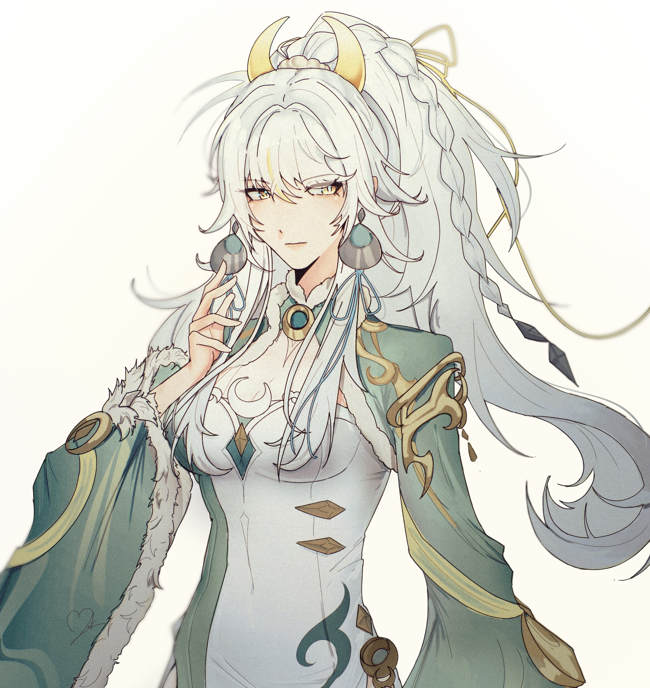 zibai (genshin impact), genshin impact, absurdres, commentary, english commentary, highres, 1girl, braid, china dress, chinese clothes, crescent, crescent hair ornament, dress, earrings, fur-trimmed collar, fur-trimmed sleeves, fur trim, grey hair, hair ornament, jewelry, long hair, looking to the side, multicolored hair, naberhine, ponytail, single braid, solo, streaked hair, upper body, white dress, wide sleeves, yellow eyes