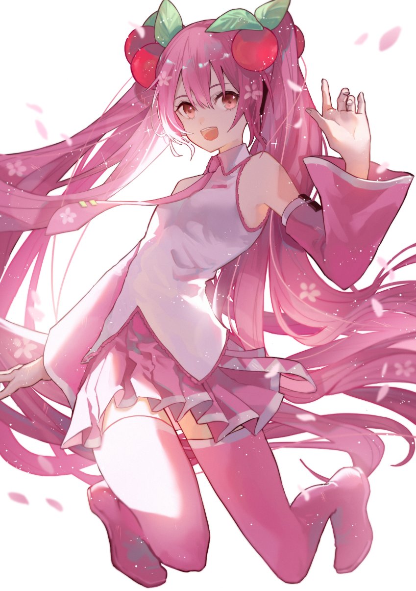 an d 01, hatsune miku, sakura miku, vocaloid, commentary request, highres, 1girl, bare shoulders, blush, boots, breasts, cherry blossom print, cherry hair ornament, collarbone, collared shirt, detached sleeves, floral print, food-themed hair ornament, full body, hair between eyes, hair ornament, long hair, long sleeves, looking at viewer, necktie, open mouth, pink boots, pink eyes, pink hair, pink necktie, pink skirt, pink sleeves, shirt, skirt, sleeveless, sleeveless shirt, smile, solo, thigh boots, thighhighs, thighs, twintails, very long hair, white background, wide sleeves, zettai ryouiki