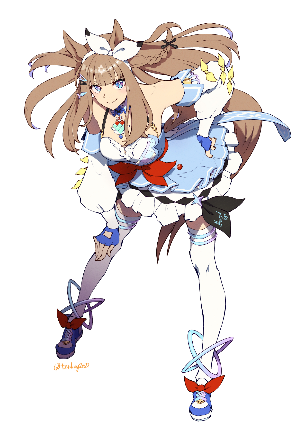 tenkey2022, almond eye (umamusume), umamusume, commentary request, highres, + +, 1girl, animal ears, blue eyes, blue gloves, blush, bow, bow hairband, braid, braided sidelocks, breasts, brown hair, cleavage, colored inner hair, gloves, hair between eyes, hair ornament, hairband, hairclip, horse ears, horse girl, horse tail, long hair, looking at viewer, multicolored hair, red button, smile, solo, symbol-shaped pupils, tail, too many hair ornaments, white background, white hairband, x-shaped pupils