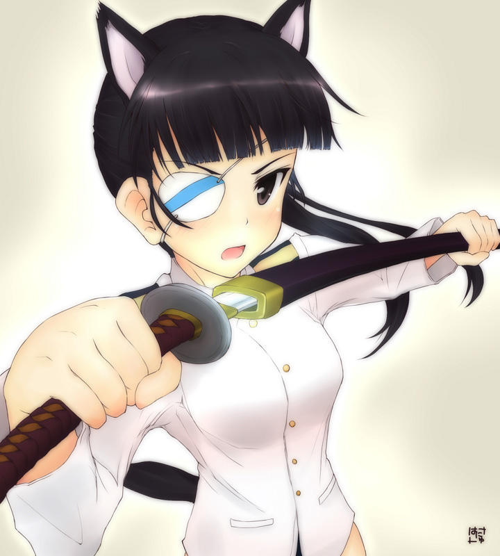sakamoto mio, hanyu, strike witches, world witches series, uniform, 00s, 1girl, animal ears, black eyes, black hair, eyepatch, female focus, gradient background, katana, long hair, ponytail, sheath, solo, sword, tail, unsheathing, weapon