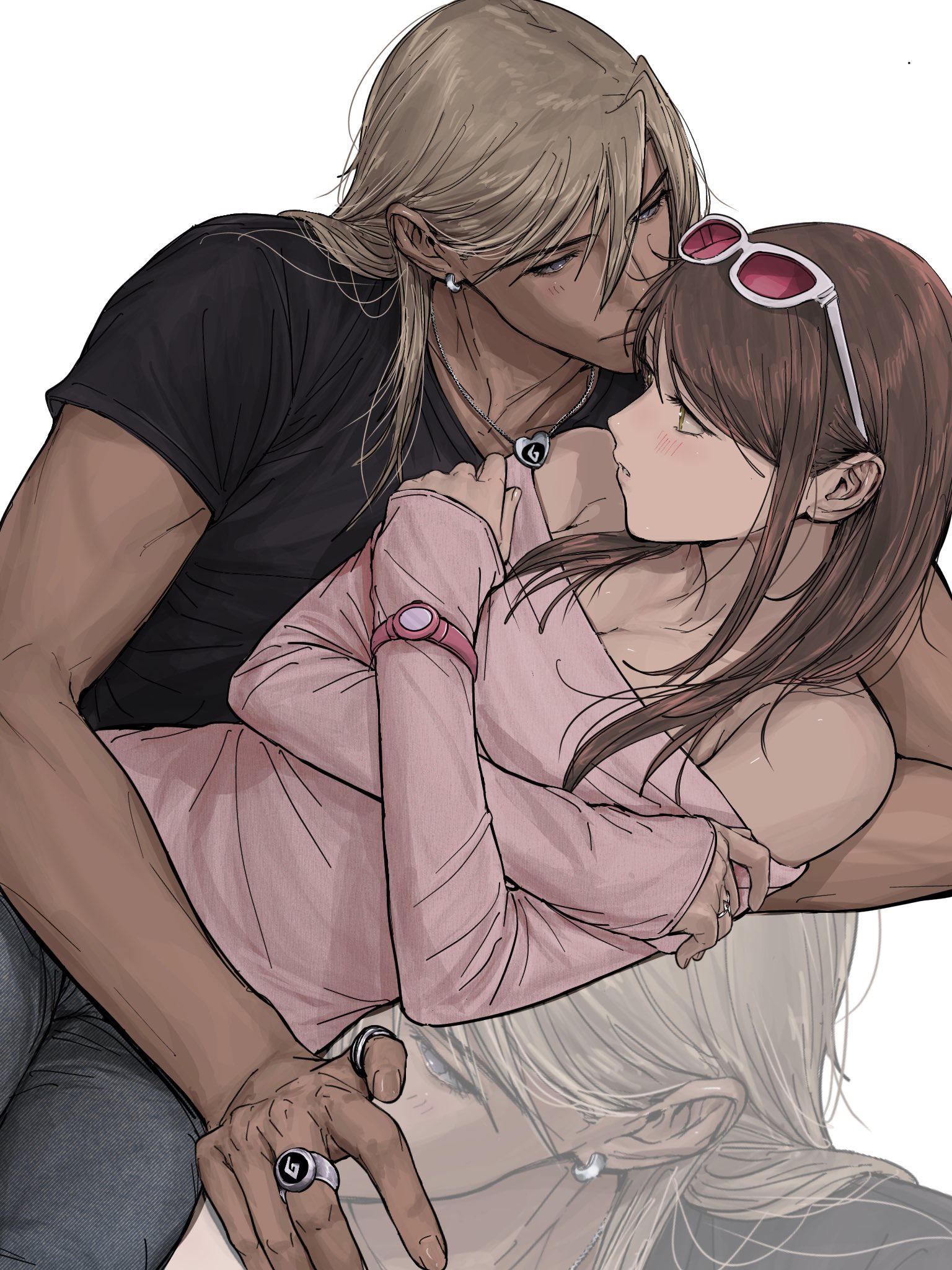 amikoiiko, ema skye, klavier gavin, ace attorney, apollo justice: ace attorney, highres, 1boy, 1girl, blonde hair, chain, chain belt, chain necklace, dark-skinned male, dark skin, index ring, jewelry, necklace, thumb ring