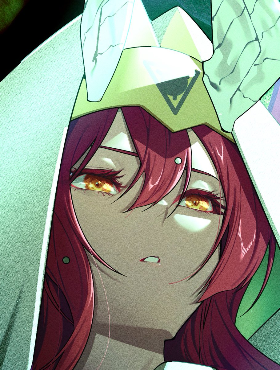 kimo suna, ascalon (arknights), ascalon (phototaxis) (arknights), arknights, commentary request, highres, 1girl, cape, close-up, hair between eyes, hood, hooded cape, horns, long hair, looking to the side, official alternate costume, portrait, red hair, solo, yellow eyes