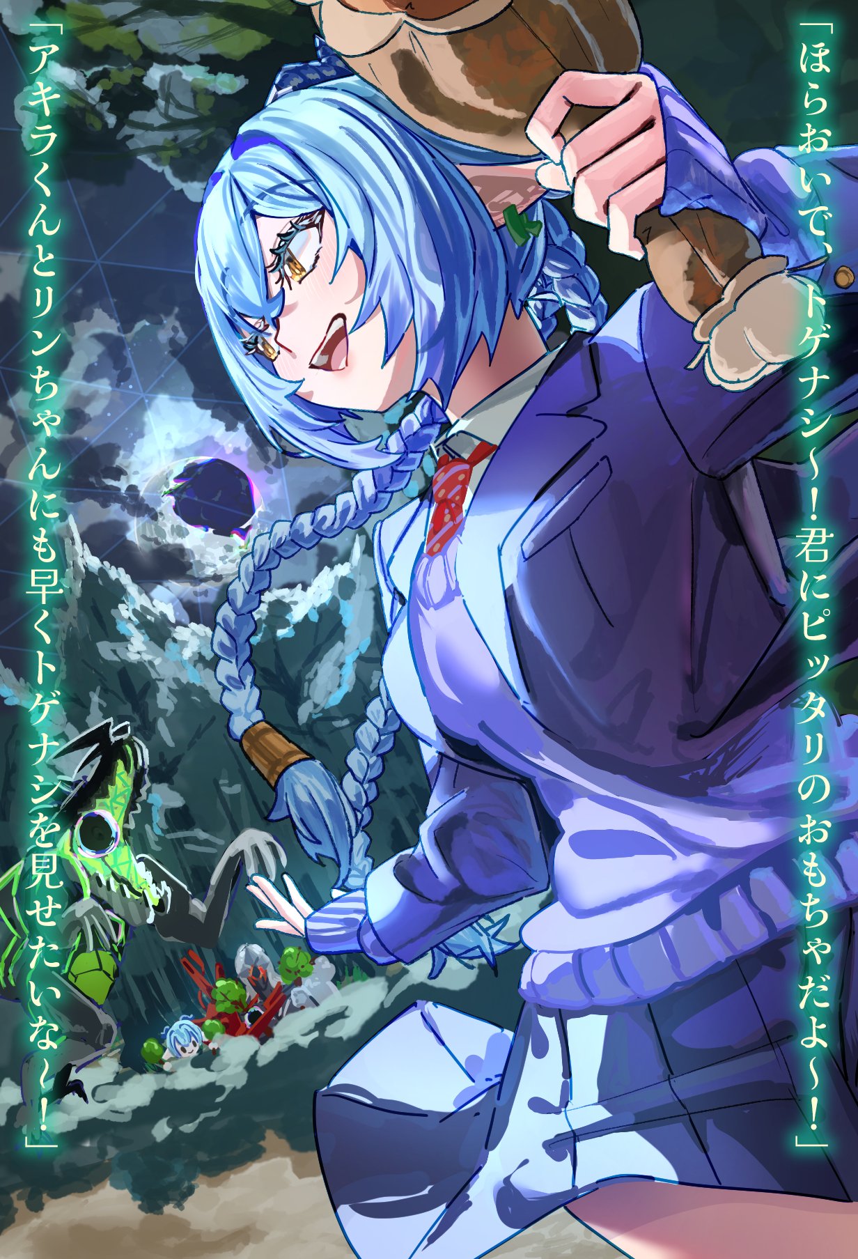 harukimatsui 25, ethereal (zenless zone zero), lucia elowen, zenless zone zero, commentary request, highres, translation request, 1boy, 2girls, alternate costume, animal ears, blue hair, blue jacket, blue skirt, braid, bush, cloud, cowboy shot, crossed bangs, earrings, forest, goat ears, goat girl, goat horns, goat tail, hair between eyes, hiding, hollow (zenless zone zero), horns, jacket, jewelry, long hair, looking back, multiple girls, nature, necktie, night, open clothes, open mouth, pointy ears, purple sweater vest, red necktie, skirt, sweater vest, tail, tree, twin braids, yellow eyes