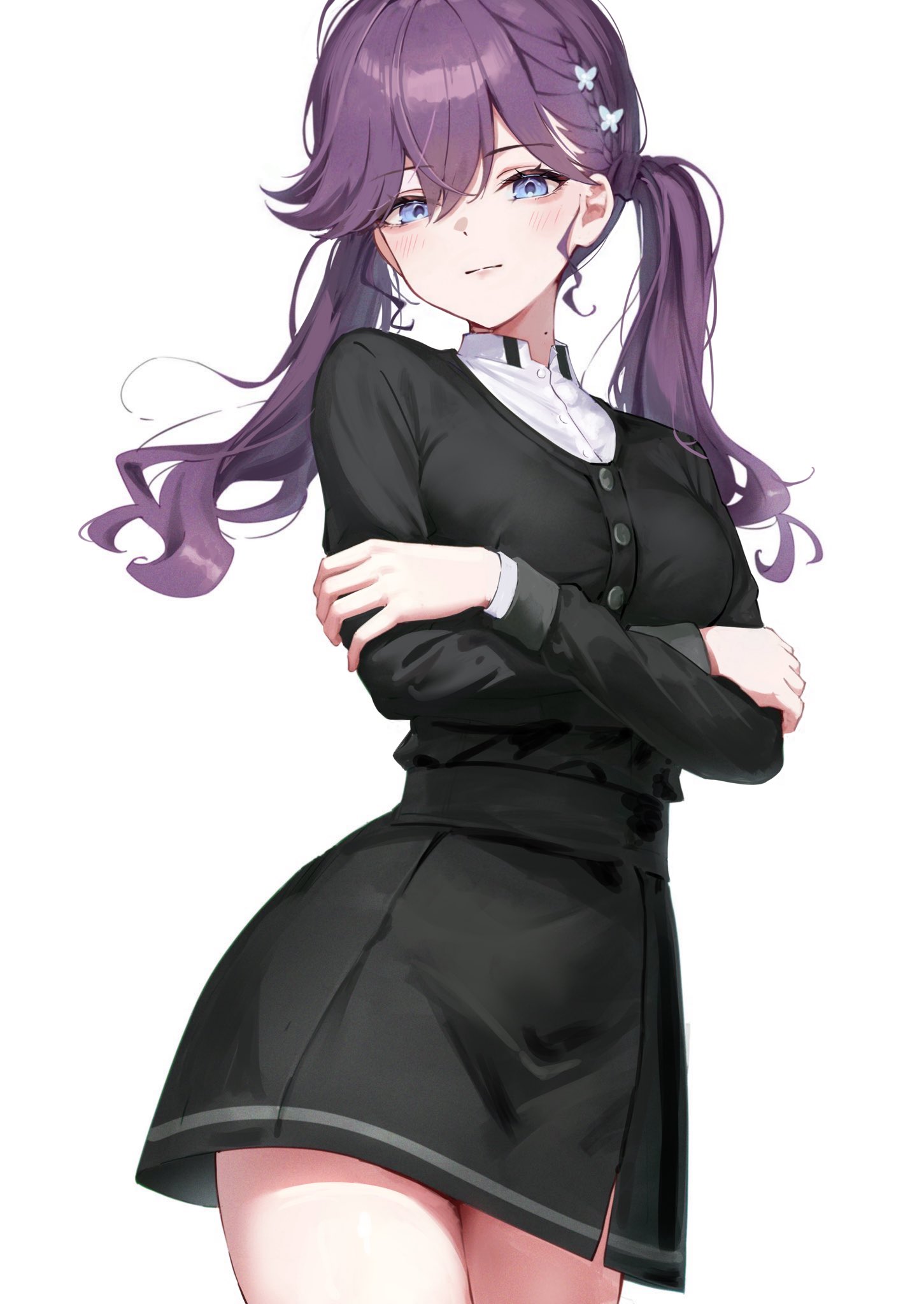 enu illustip, kaya rinha, gakuen idolmaster, idolmaster, commentary request, highres, 1girl, bags under eyes, black dress, blue eyes, blush, braid, butterfly hair ornament, closed mouth, crossed arms, dress, gokugetsu academy school uniform, hair ornament, long hair, long sleeves, looking at viewer, mole, mole on neck, purple hair, school uniform, shirt, smile, solo, standing, twintails, white shirt