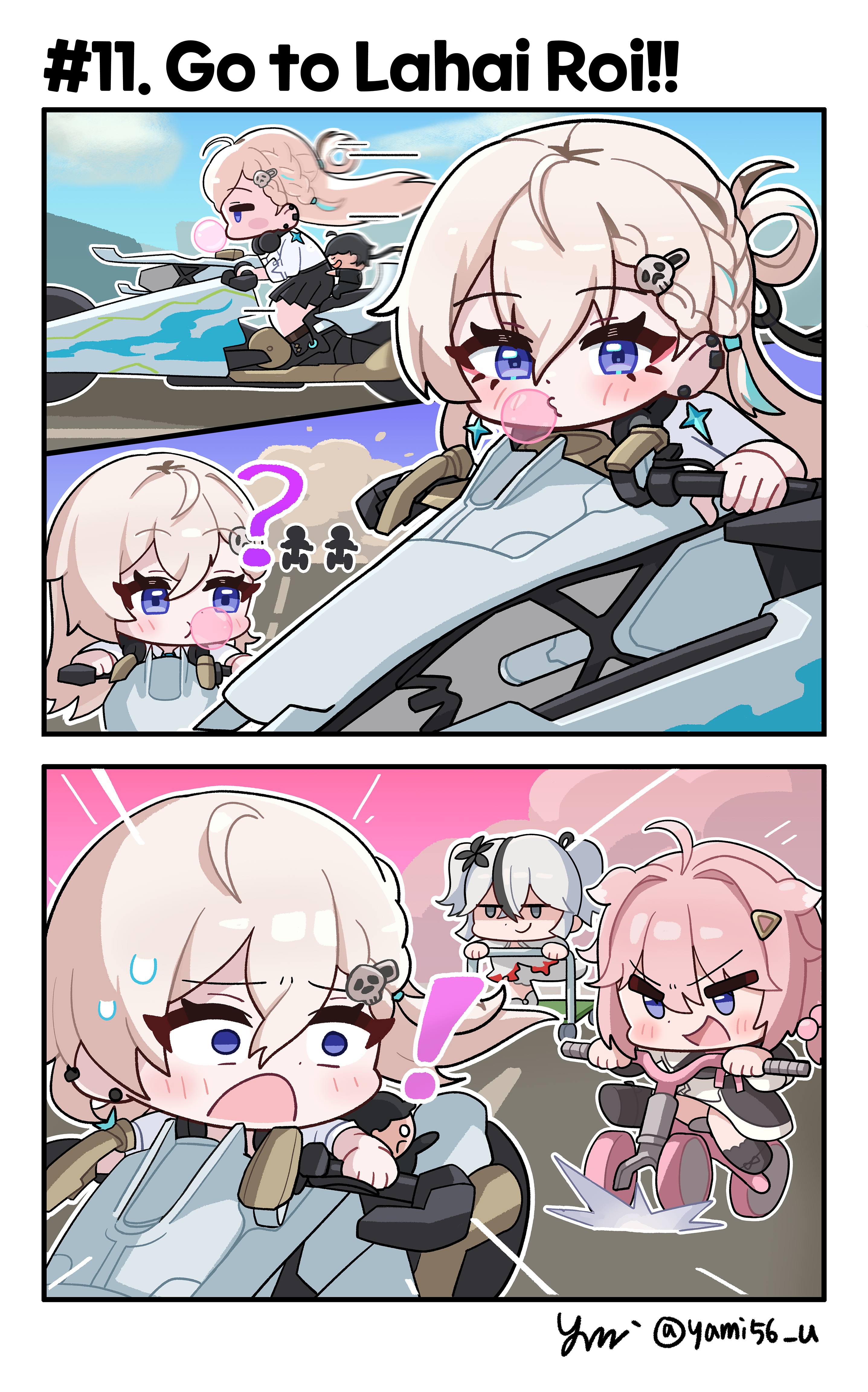 camellya (wuthering waves), encore (wuthering waves), lynae (wuthering waves), wuthering waves, absurdres, commentary, english commentary, highres, 3girls, ?, bicycle, blonde hair, blowing bubble gum, blue eyes, chewing gum, earrings, hair ornament, jewelry, long hair, looking back, motor vehicle, motorcycle, multicolored hair, multiple girls, open mouth, pink hair, shaded face, skull hair ornament, smile, smug, star (symbol), star earrings, streaked hair, sweatdrop, twitter username, yami (yami56 u)