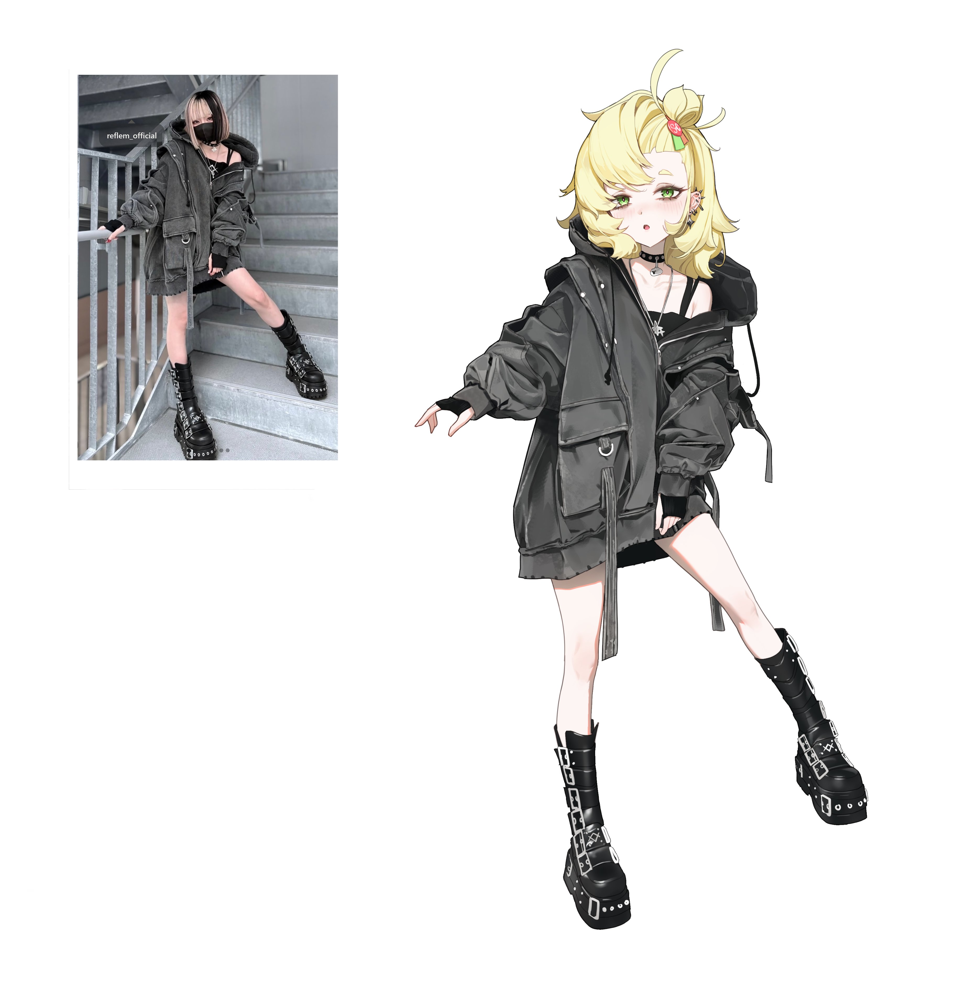 ohoo 7am, piper wheel, zenless zone zero, absurdres, commentary, highres, 1girl, alternate costume, black boots, black choker, black gloves, black shirt, blonde hair, blush, boots, choker, ear piercing, earrings, fingerless gloves, full body, gloves, green eyes, grey jacket, hood, hooded jacket, jacket, jewelry, long hair, looking at viewer, multiple earrings, necklace, open mouth, pendant choker, piercing, real life insert, reference inset, shirt, simple background, solo, white background