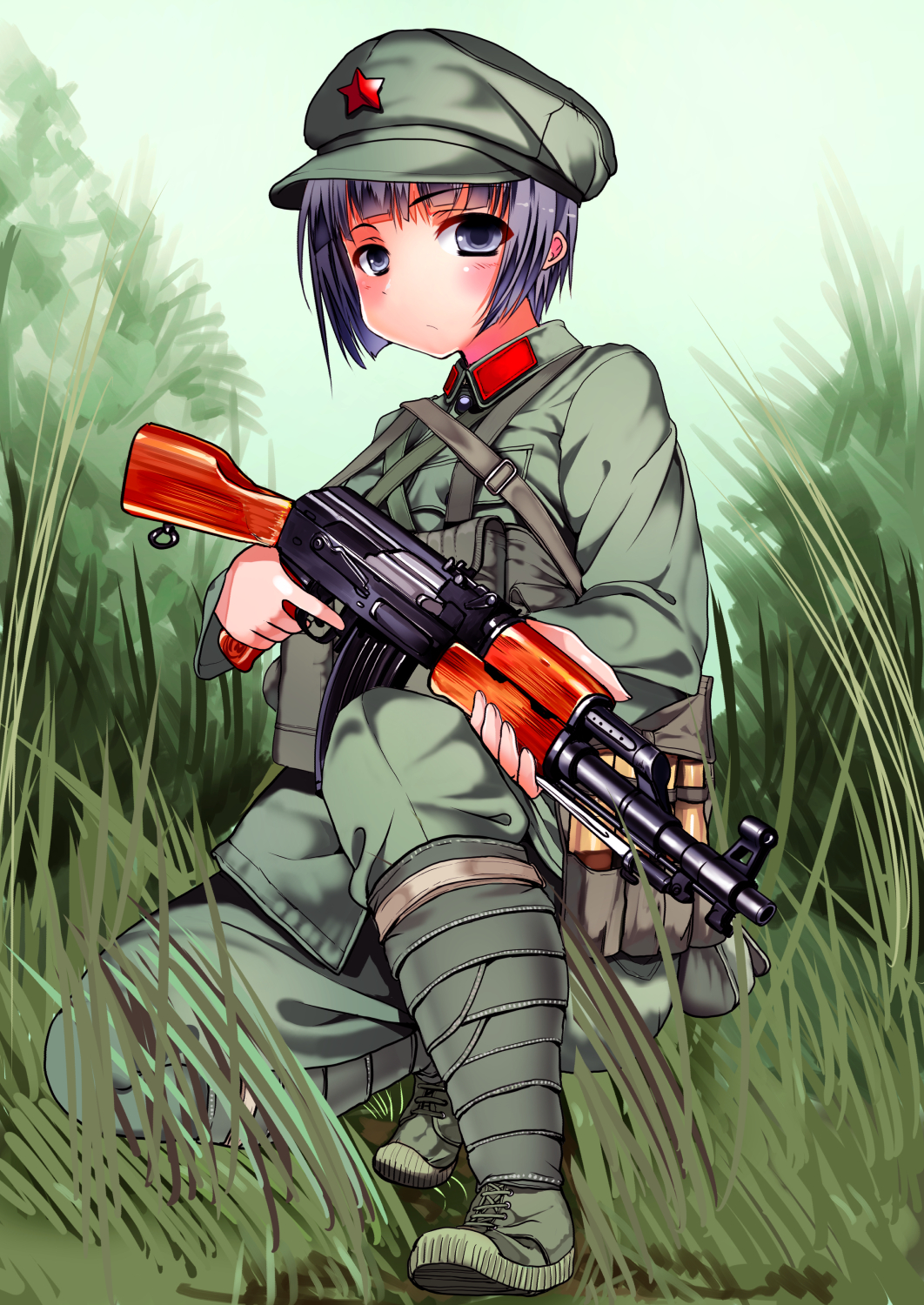 samazuka mashiro, original, commentary, commentary request, highres, 1girl, assault rifle, bayonet, boots, closed mouth, collar tabs, collared shirt, combat boots, full body, grass, green boots, green hat, green pants, green shirt, green theme, gun, hat, kalashnikov rifle, load bearing equipment, long sleeves, mao cap, mao suit, military, military uniform, nature, outdoors, pants, people's liberation army, purple eyes, purple hair, puttee, red star, rifle, shirt, short hair, soldier, solo, star (symbol), tall grass, third indochina war, trigger discipline, type 56 assault rifle, weapon