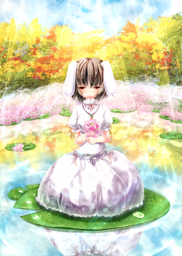 sugiyuu, inaba tewi, touhou, 1girl, animal ears, brown hair, cloud, female focus, flower, full body, kneeling, outdoors, plant, rabbit ears, red eyes, short hair, sky, solo, water